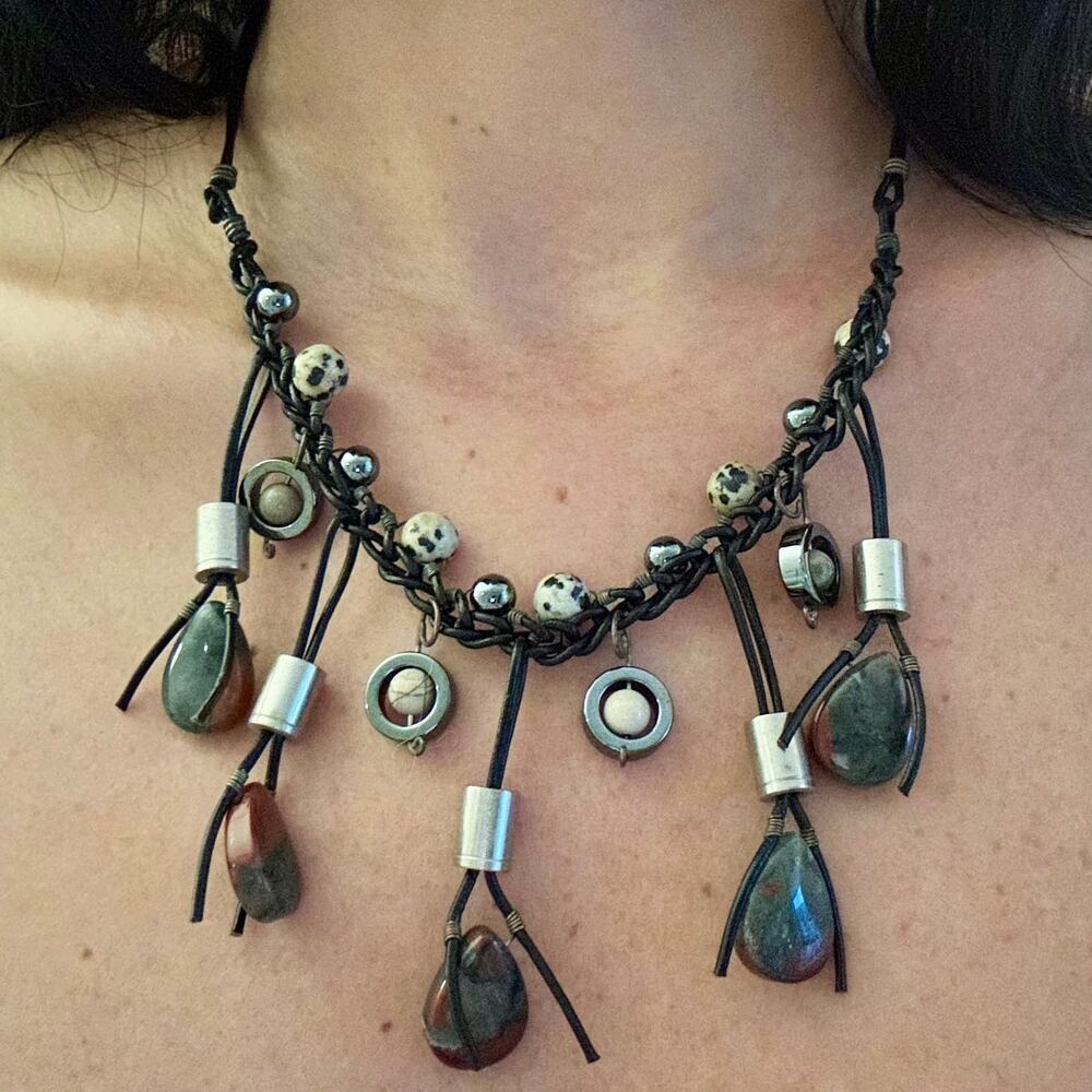 Handmade Unique Artisan Statement Necklace with Natural Stone Drops